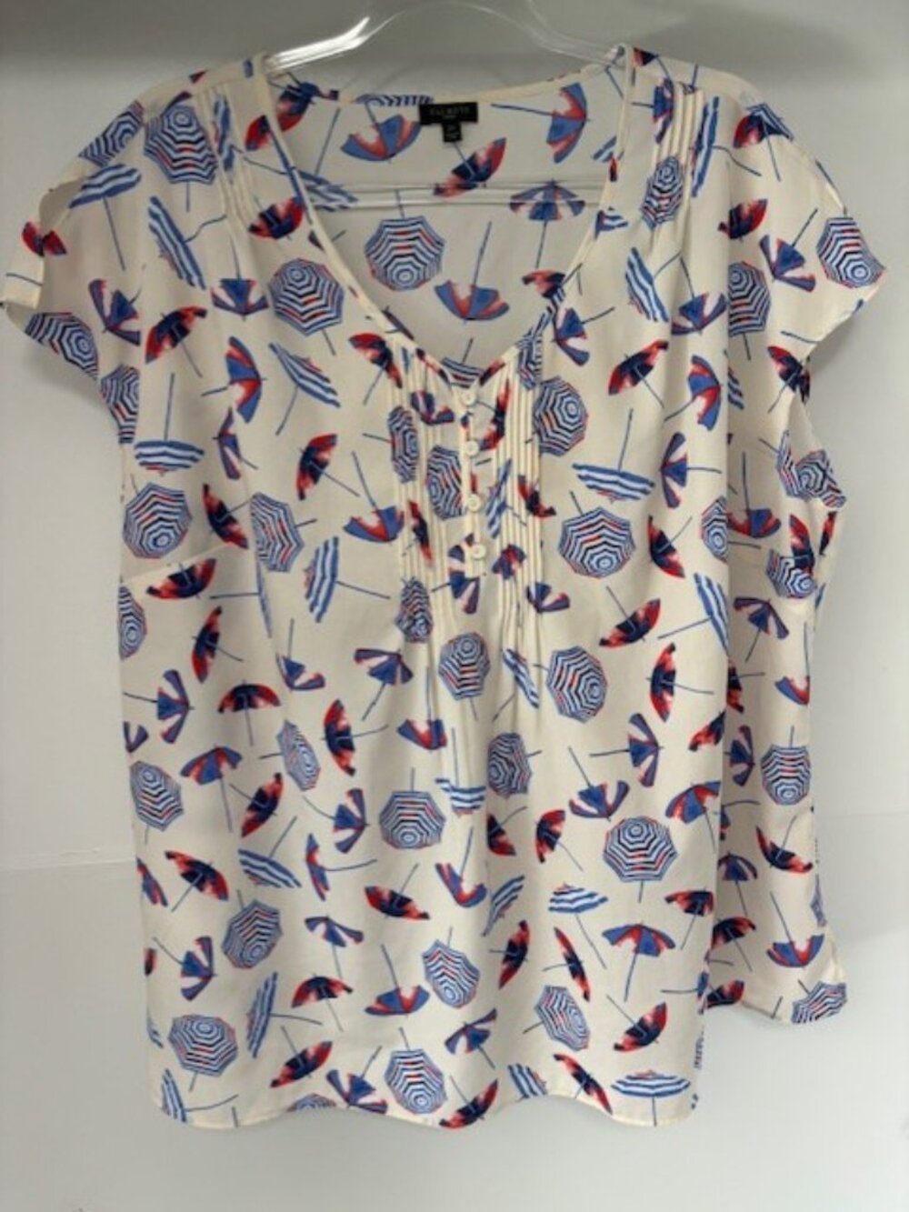 Talbots Plus 2X Umbrella Print Split Neck Short Sleeve Blouse Cream Multicolored
